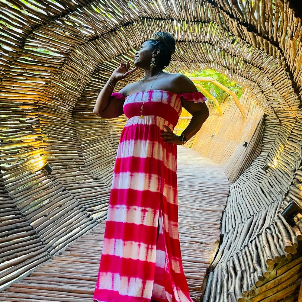 The Impeccable Pig Pink and White Maxi Dress